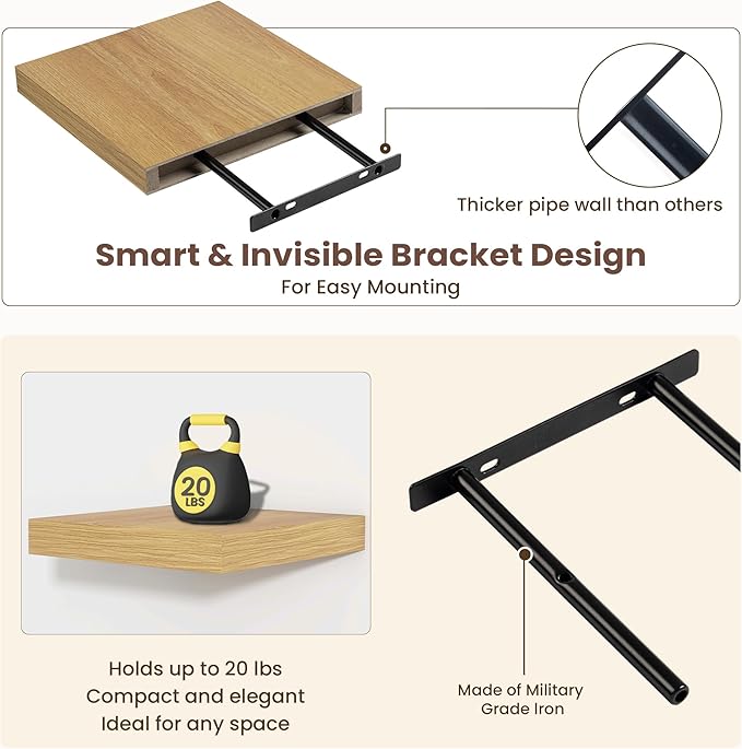 Fun Memories Floating Shelves for Wall - 9.3 Inch Square Shelves with Invisible Brackets, Small Wall Shelf for Living Room, Bathroom, Bedroom, and Kitchen Decor，Set of 3