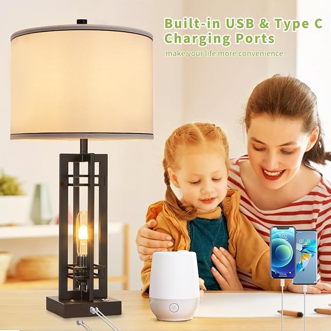 27" Touch Control Farmhouse Table Lamps, Set of 2 Tall Rustic Table Lamps 2-Light Design with USB A+C Ports, Bedside Lamps with White Shade for Living Room Home Office, 4 LED Bulbs Included