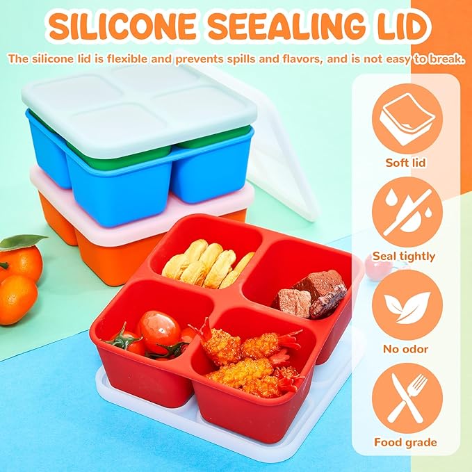 Roshtia 4 Pack Silicone Food Containers with Lids, Reusable Packs Bento Lunch Box for Meal Prep Food Storage, Microwave Dishwasher Safe(4 Compartment,Bright)