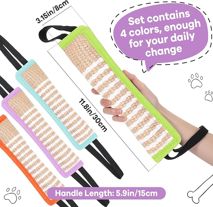 Kacctyen 4 Pcs Dog Tug Toys, Jute Pillow Pull Toy with 2 Strong Handles Tug of War Interactive Play Puppy Training Equipment for Medium to Large Dogs, 4 Colors(Pastel)