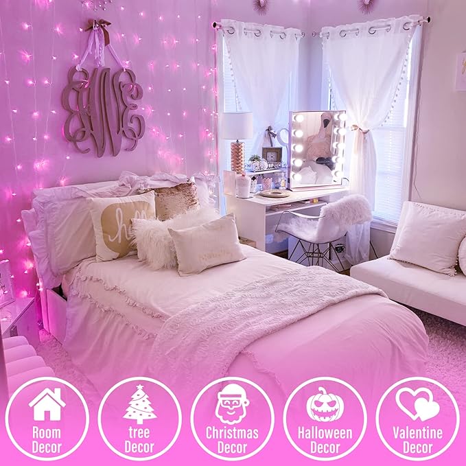 JMEXSUSS 200 LED Pink Christmas Lights for Decor, 66ft Pink String Lights Indoor Outdoor Clear Wire, Rose Color LED Fairy Light Plug in for Girls Room Wall Christmas Tree Party Decorations