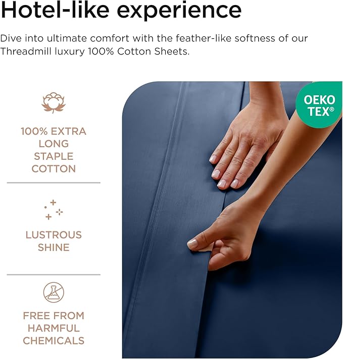 Threadmill 100% Cotton Sheets for Full Size Bed - 600 Thread Count Full Bed Sheets Set with 16” Deep Pocket - Sateen Weave 4-Piece Bedding Set with Cooling Effect, Folkstone Blue