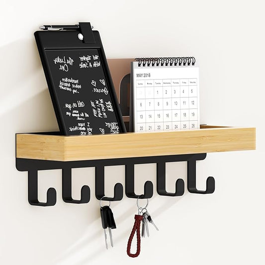 SWTYMIKI Key Holder Wall Mount-Wooden Key Hooks for Wall with Mail Organizer & 6Hooks, 2Installation Ways Key Hanger, Key Rack with Shelf for Entryway Living Room Bedroom Home Decor Wood+Black