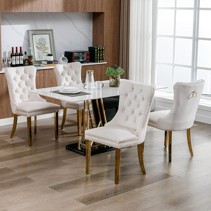 Luxury Upholstered Dining Chairs Set of 8, Beige Kitchen Chair with Golden Metal Legs, Velvet Tufted Back Dining Chair, Sillas de Comedor, Modern Kitchen & Dining Room Chairs (Beige, 8 Pcs)