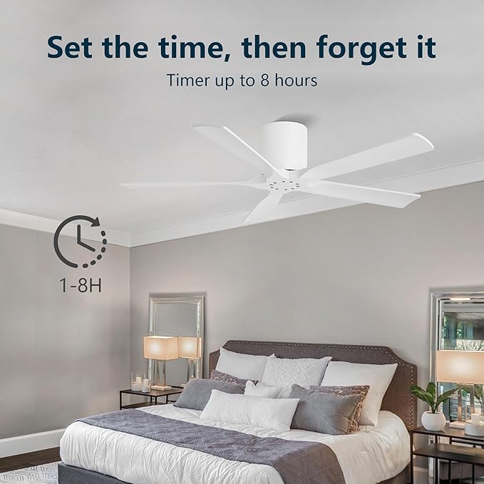 ELEHINSER 52 inch Low Profile Ceiling Fan without Light, 5 Solid Wood Blades,6-Speed,Quiet DC Motor, Timer,Flush Mount Modern Ceiling Fan No Light with Remote for Living Room Bedroom,White