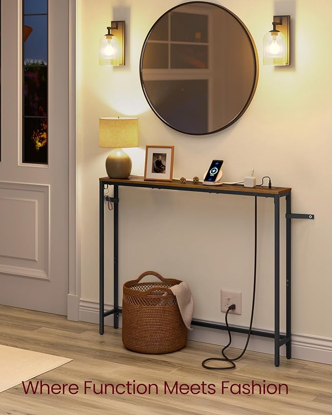 VASAGLE Console Table with Power Outlet, Slim Behind Couch Sofa Table, 5.9 x 39.4 x 31.5 Inches, 1 Hook, Easy Assembly, for Entryway, Living Room, Rustic Brown and Ink Black ULNT079K01