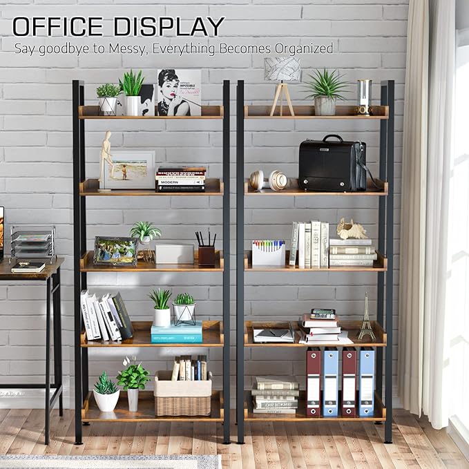 ASTARTH Ladder Shelf-5 Tier Bookshelves w/Open Shelf for Storage, Industrial Bookshelf & Tall Ladder Shelf-Metal Frame for Bedroom, Living Room, Kitchen-67.3'' H, Easy Assembly, Rustic Brown (HD021)