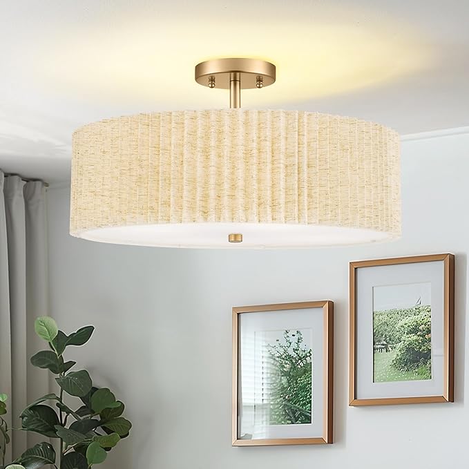 Semi Flush Mount Ceiling Lights, 4-Light 18" Gold Light Fixtures Ceiling Mount with Pleated Linen Fabric Shade, Drum Lighting Fixture for Nursery Hallway Bedroom Kitchen, AD-25036-4SF-GD-B
