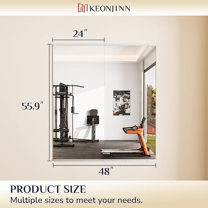 Keonjinn Home Gym Mirror, 56" x 24" - 2PCS Workout Mirrors for Home Gym, Frameless Tempered Glass, Full Body Wall Mirrors for Fitness Exercise, Yoga Room, Dance Studio, Bedroom, Garage