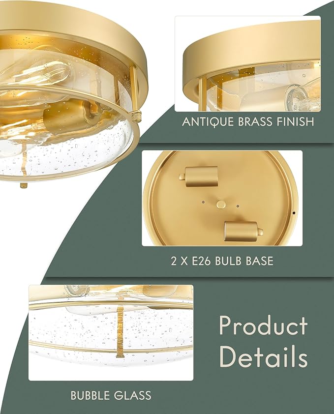 12" Flush Mount Ceiling Light, Farmhouse Style, Bubble Glass,Brass Gold, for Living Room, Bedroom, Dining – CKCL4822-2W-SGBB