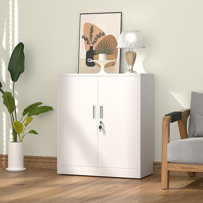 Metal Storage Cabinet with Locking Doors and 2 Adjustable Shelves, Small Lockable Steel Storage Cabinets for Home Office Garage Kitchen Pantry (White)