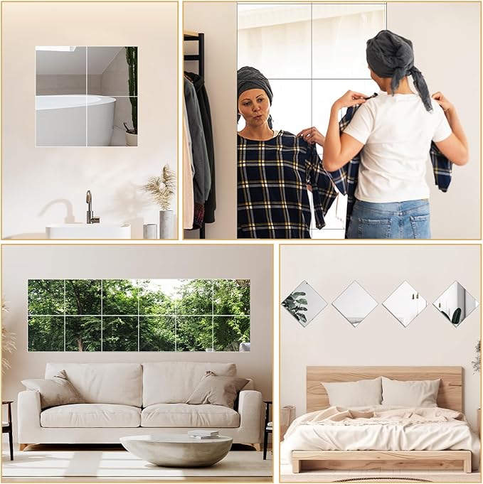 Queekay 20 Pcs Home Gym Mirrors 12'' x 12'' Mirror Tiles Self Adhesive Workout Frameless Acrylic Wall Mirror 2mm Thick Wall Mounted Mirror Sheets Mirror Trays for Wedding Table Centerpieces