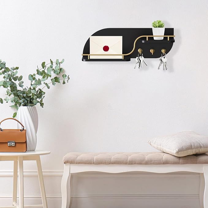 Key Holder for Wall, Decorative Key and Mail Organizer with 3 Metal Hooks and 2 Shelves, Wood Wall Mounted Key Rack for Entryway, Black