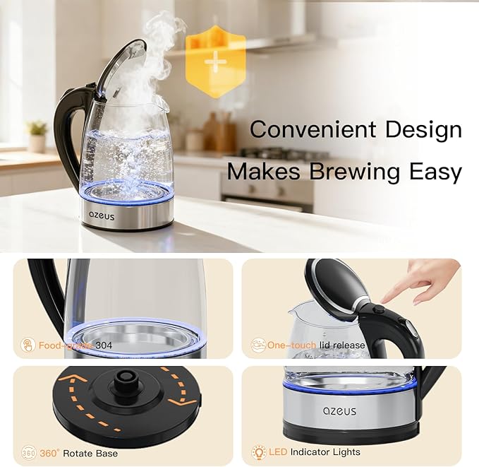 Azeus 1.8L Electric Kettle CX-817 - Fast Boil, Auto Shut-Off, Boil-Dry Protection, 360° Swivel Base - Stainless Steel Water Boiler for Tea, Coffee, and Hot Water