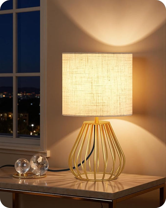 Gold Bedside Table Lamp, 12.6'' Small Table Lamp with Beige Linen Lampshade & Gold Teardrop Cage, Modern Little Cute Desk Lamp for Bedroom, Living Room, 2700K LED Bulb Included DE06TL05