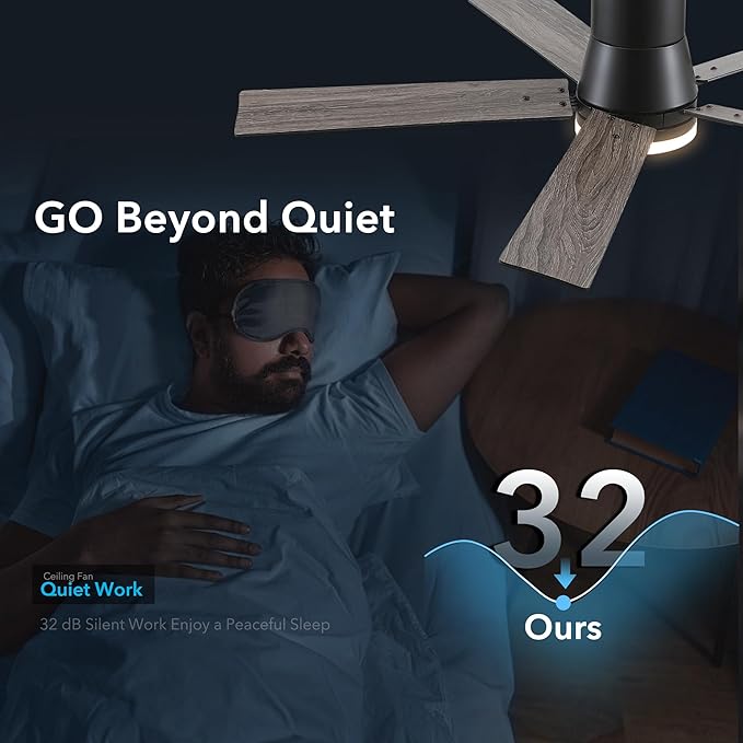 Rayqueen 52 Inch Ceiling Fans with Lights and Remote,Flush Mount Black Ceiling Fan,6 Speed Reversible DC Motor,3CCT Dimmable LED-Low Profile Design for Bedroom, Living room & Covered Outdoor