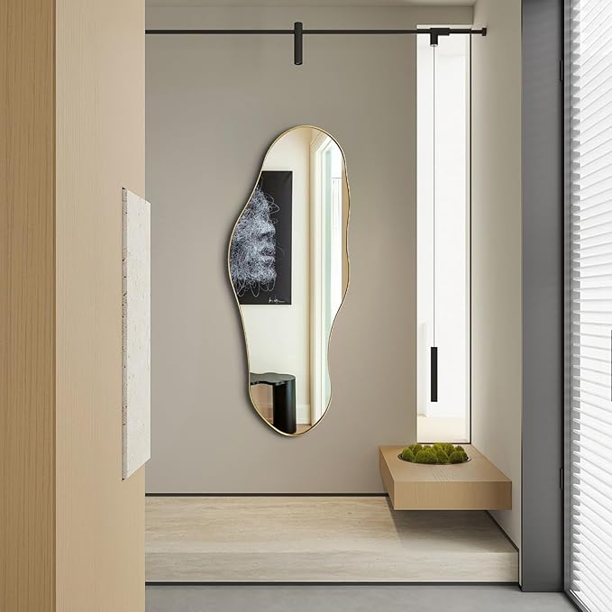 Large Asymmetrical Mirrors, 55"x22" Irregular Shaped Mirror, Gold Metal Frame Abstract Wall Mirror Decorative, Modern Funky Mirrors for Living Room Bathroom Bedroom Hallway Entryway Fireplace