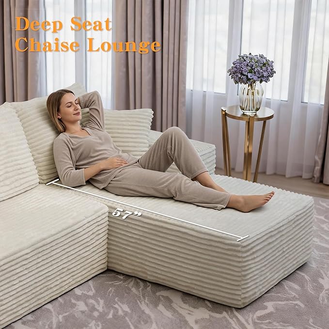 106'' Boneless Couches for Living Room, L Shaped Modular Sectional Sofa with Chaise Lounge, Faux Rabbit Fur & Layered Cushion Deep Seat Cloud Couch, No Assembly (Beige, Right Facing Chaise)