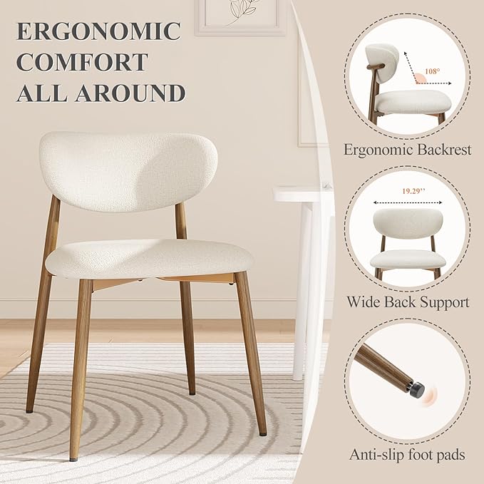 Dining Chairs Set of 6, Upholstered Dining Room Chairs with Metal Legs and Anti Slip Pads, Curved Back Kitchen Chair for Home and Restaurant Use, Beige