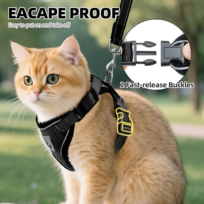 PUPTECK Cat Harness and Leash Set Escape Proof Reflective Cat Walking Harness Adjustable Soft Breathable Mesh Vest for Small Pets, Black, XS