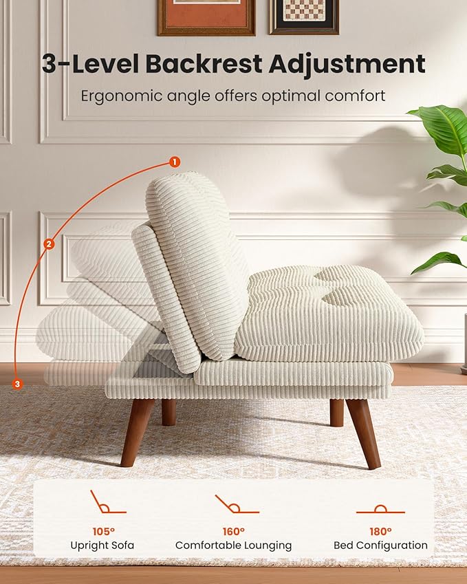 Amada 75" Convertible Futon Sofa Bed, Corduroy Folding Futon Set with Adjustable Backrest &Armrests, Recliner Lounge for Living Room, Apartment or Office, Solid Wood Frame, Loveseat Sofa -Beige White