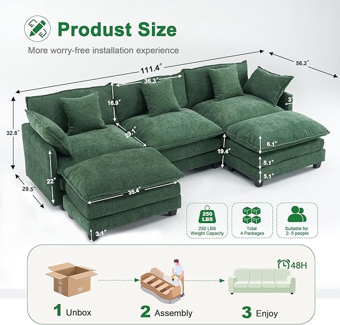 111.4" U Shaped Cloud Couch Sectional with 2 Ottoman｜Modular Chenille Sofa with 29.1" Deep Seat｜FSC Solid Wood Frame｜Easy Assembly & 1YR Guarantee｜for Living Room Bedroom Apartment