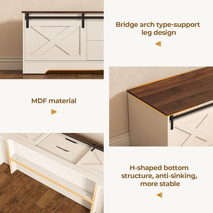 Farmhouse Storage Bench with Cushion, Shoe Rack with Slide Barn Doors, Adjustable Shelf and 2 Drawer for Entry, Bedroom, Closet, Living Room, Hallway (White Brown, 59.8 in)