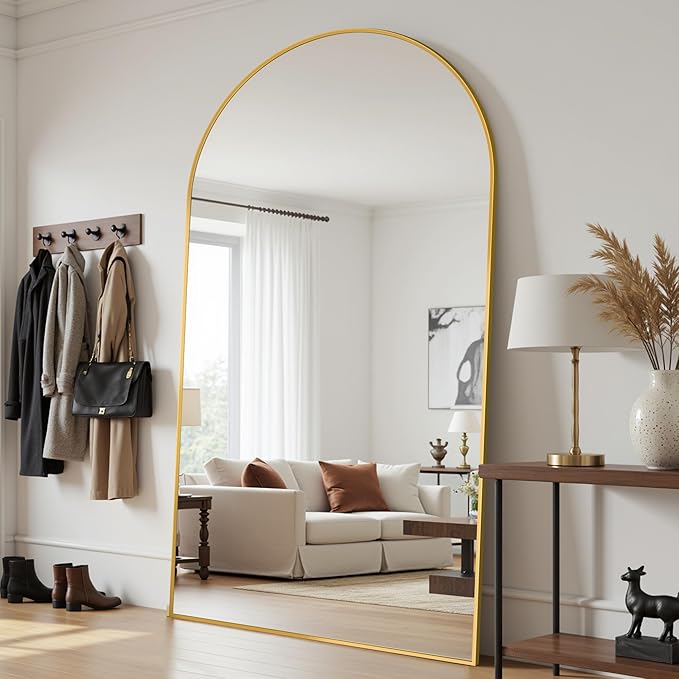Full Length Mirror, 86"x46" Arched Floor Mirror Freestanding, Floor Standing Full Body Mirror with Stand for Bedroom, Hanging Mounted for Living Room Cloakroom, Gold
