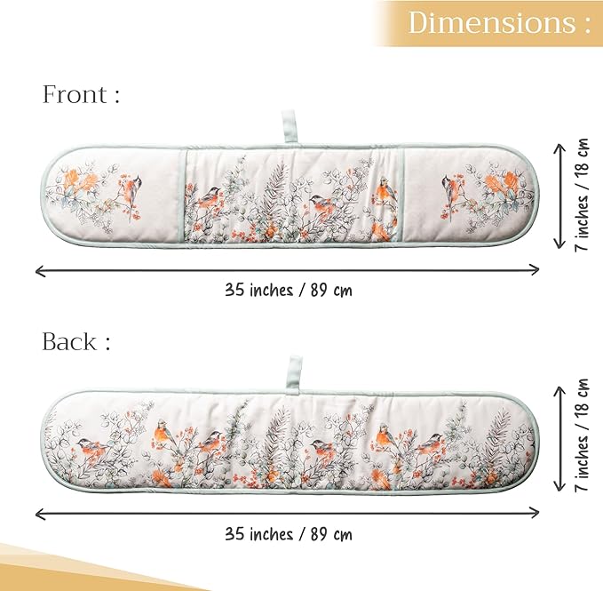 Maison d' Hermine Double Oven Mitt (7" x 35") 100% Cotton Heat Resistant BBQ Cooking Gloves with Loop for Thanksgiving Christmas Decorations Baking Cooking Handling Hot Pan (Whitish Shabby Chique)