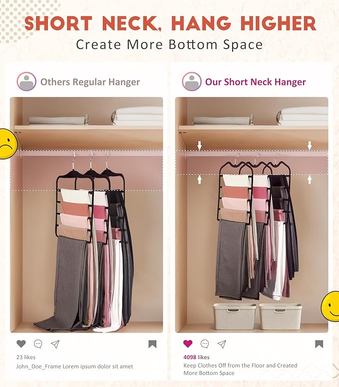 Pants Hangers Space Saving,5 Pack Velvet Short Neck Pants Hangers,5 Tier Space Saving Velvet Hanger,Closet Organizers and Storage Dorm Room Essentials for College Students Girls Guys Holds Pant,Jean