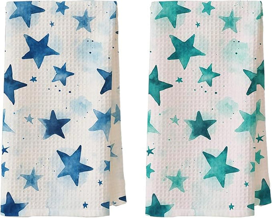 2-Pack Watercolor Star Towel, Star Waffle Towels, Nursery & Bathroom Hand Towel, 16x24 Inch Blue & Azure Dish Tea Towel Decor for Kitchen & Nursery & Bathroom, Gift For Friends & Homeowners.