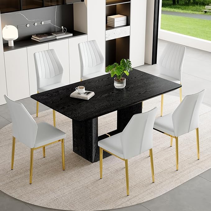 63" Modern Black Dining Table Set for 6 with Chairs, 7 Piece Rectangular Dining Room Table and 6 PU Leather Chairs, Kitchen Dining Set with Matte Wood Finish, Geometric Base, Easy Assembly