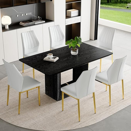 63" Modern Black Dining Table Set for 6 with Chairs, 7 Piece Rectangular Dining Room Table and 6 PU Leather Chairs, Kitchen Dining Set with Matte Wood Finish, Geometric Base, Easy Assembly