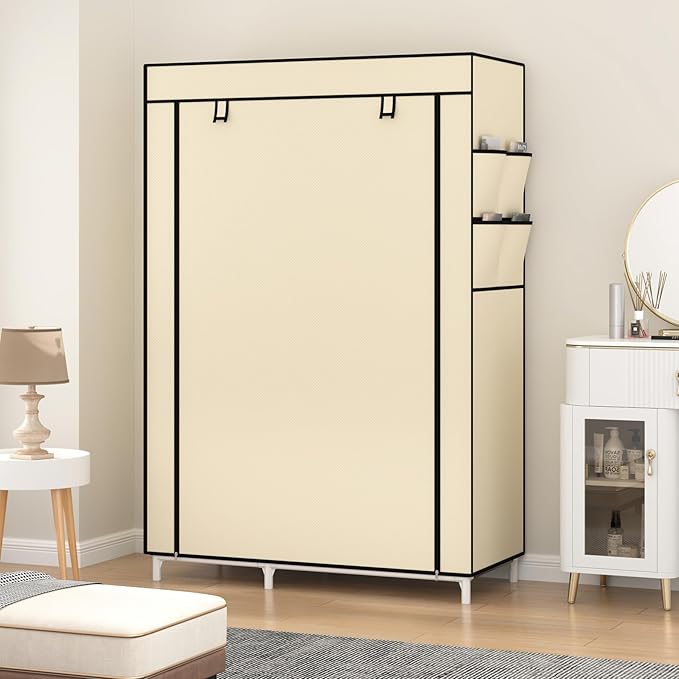 Calmootey Portable Closet Organizers, Clothing Storage, Wardrobe with 6 Shelves and Hanging Rod, Non-Woven Fabric Cover with 4 Side Pockets, Beige