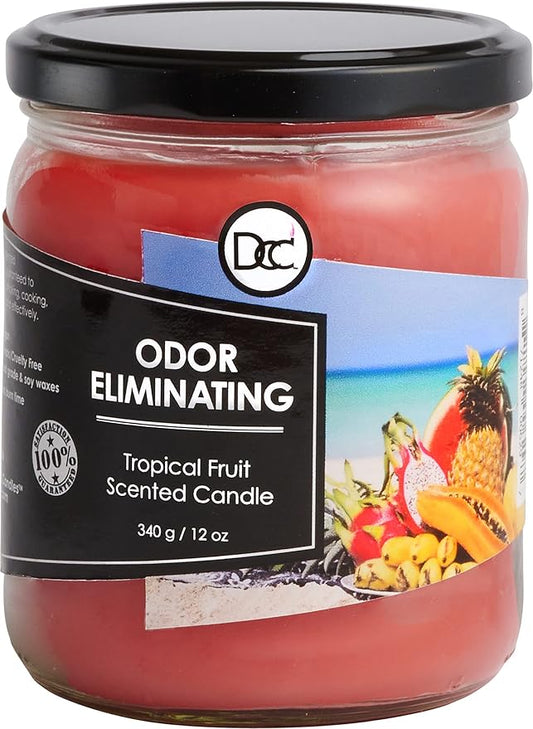 Tropical Fruit Odor Eliminating Highly Fragranced Candle - Eliminates 95% of Pet, Smoke, Food, and Other Smells Quickly - Up to 80 Hour Burn time - 12 Ounce Premium Soy Blend