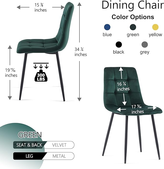 NORDICANA Forest Green Velvet Dinner Chairs Set of 4, Modern Armless Biscuit Tufted Dining Side Chairs with Metal Legs for Kitchen Living Room Vanity