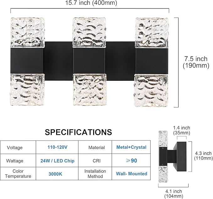 MELUCEE Modern LED Bathroom Lights Over Mirror 24W Dimmable Crystal Wall Sconce LED Vanity Light Bar 3 Lights Black Bathroom Wall Light Fixtures for Bath Powder Room, 3000K Warm Lighting