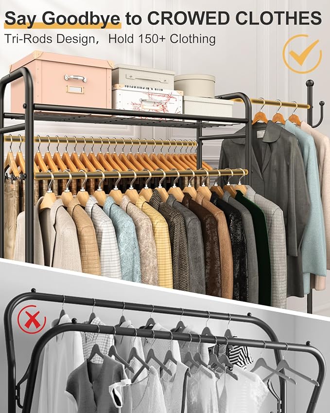 3-In-1 Clothes Racks For Hanging Clothes with Coat Rack, Heavy Duty Clothing Rack with Shelves Load 620Lbs, Portable Garment Racks with Lockable Wheels, Multi-Functional Closet Rack For Bedroom