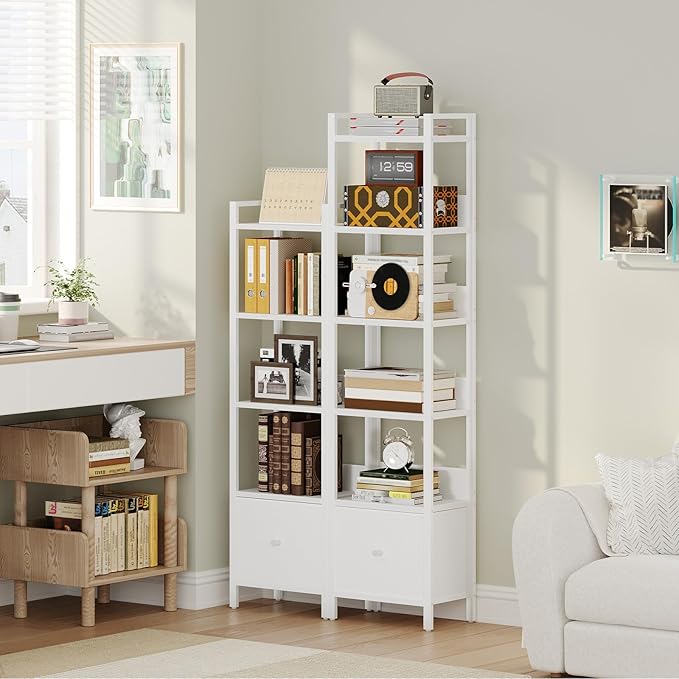 Bookshelf, 5-Tier Bookcase with Drawer, Small Book Shelf for Small Space, Storage Shelf Organizer, for Living Room, Bedroom, Study, Kitchen, White BKWT55101
