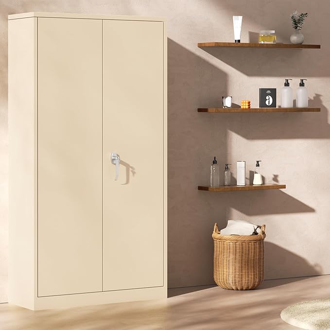 INTERGREAT Metal Wardrobe Closet, 72" Locking Storage Wardrobe Cabinet with Doors and Shelves, 18 "D Steel Clothes Storage for Office, Home, School, Gym (Warm Grey)