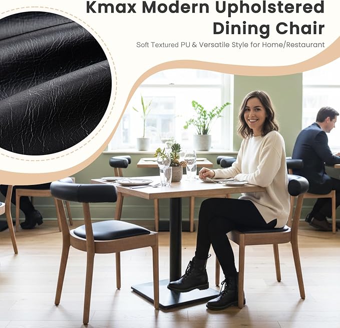 Kmax Dining Room Chairs Mid-Century Modern Leather Kitchen Chairs with Natural Walnut Finished Frame, PU Curved Back, Set of 6, PU Black