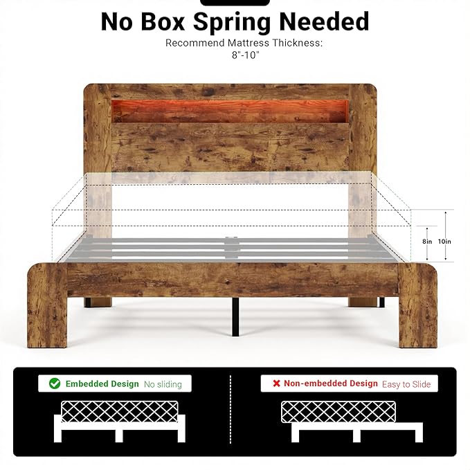 Queen Bed Frame with Headboard, Wooden Platform Bed Frame Queen Size with Bookcase Shelf, LED Lights, Charging Station, Heavy Duty Supports, No Box Spring Needed, Dark Brown