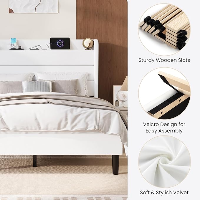 SHA CERLIN Full Size Bed Frame with Charging Station, Velvet Upholstered Platform Bed, Wingback Storage Headboard, Type-C & USB Ports, Strong Wooden Slats, No Box Spring Needed, Easy Assembly, White