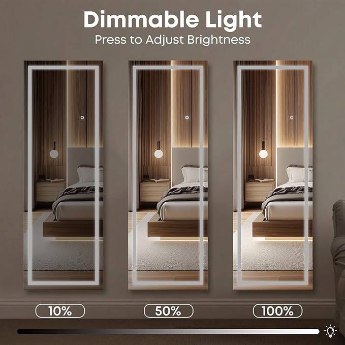 Kosmonia 56"x18" Full Length LED Mirror with Lights, Dimmable Standing/Wall Mirror for Bedroom, Full Body Lighted Floor Mirror, Tempered Glass