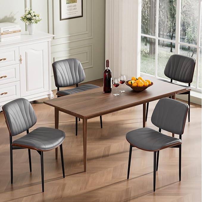 Dining Chairs Set of 4, Mid-Century Modern Upholstered PU Leather Chairs with Walnut Back and Metal Legs Adjustable Feet for Kitchen Dining Room, Dark Gray Shell Strips