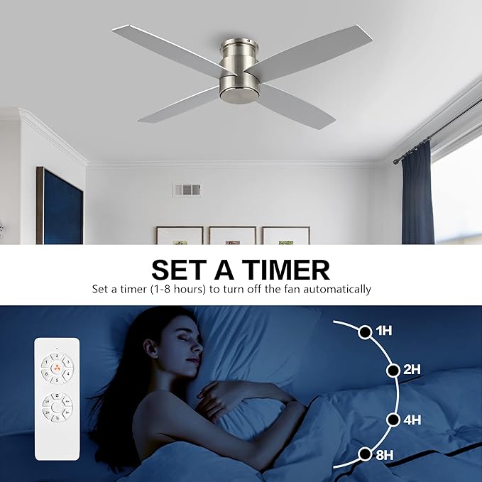 WINGBO 44" Flush Mount DC Ceiling Fan without Lights, 4 Reversible Plywood Blades, Quiet 6-Speed DC Motor, Hugger Low Profile Ceiling Fan No Lights for Bedroom, Brushed Nickel Finish