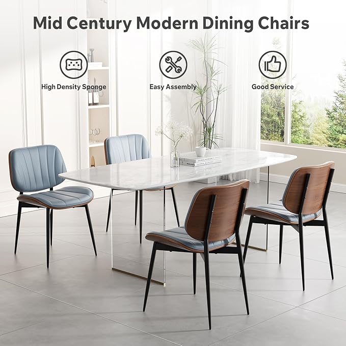 Dining Chairs Set of 8, Mid Century Modern Dining Room Chair, Upholstered Faux Leather Kitchen Chairs with Walnut Bentwood Back and Metal Legs for Kitchen Dining Room Living Room, Blue