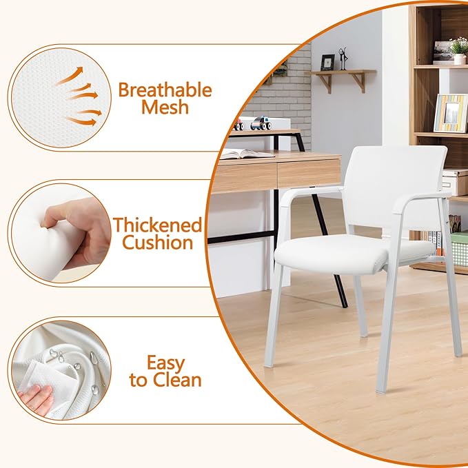 CLATINA Stacking Office Chairs | Mesh Back, Thicken Leather Seat and Streamline Arms, Ergonomic Lumber Support | Guest Reception, Waiting, Conference, School, Party, Customer, Side, Stationary, White