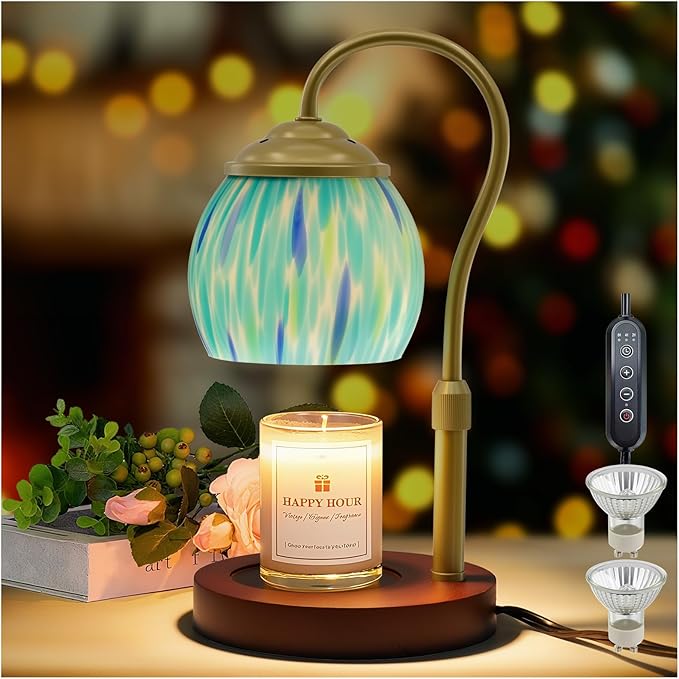 Candle Warmer Lamp with Timer Dimmer - Height Adjustable Wax Melt Warmer for Jar Candles, Blown Art Glass Candle Warming Lamp with 2 Bulbs Birthday Gifts for Mom Women Candle Holders for Home Decor
