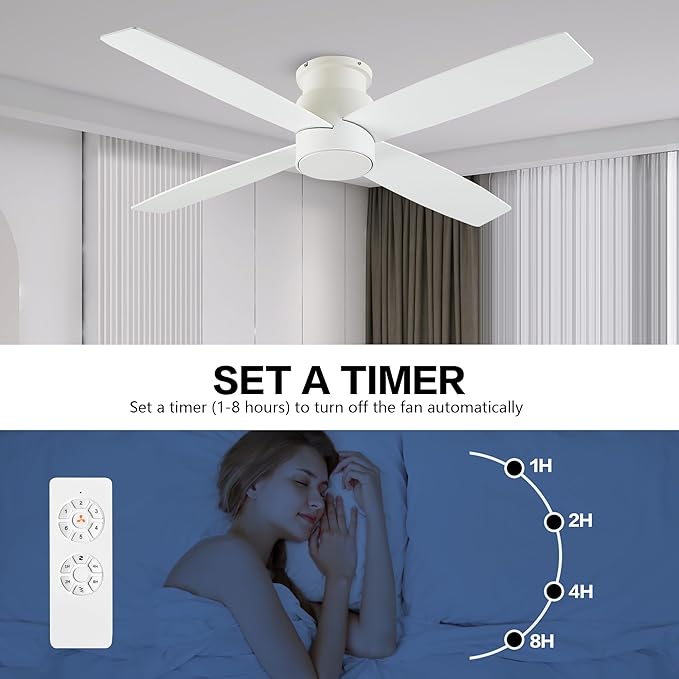 WINGBO 44" Flush Mount DC Ceiling Fan without Lights, 4 Reversible Blades in White/Oak Finish, Ultra Quiet 6-Speed DC Motor, Hugger Low Profile Ceiling Fan No Lights for Bedroom, Indoor/Outdoor Use
